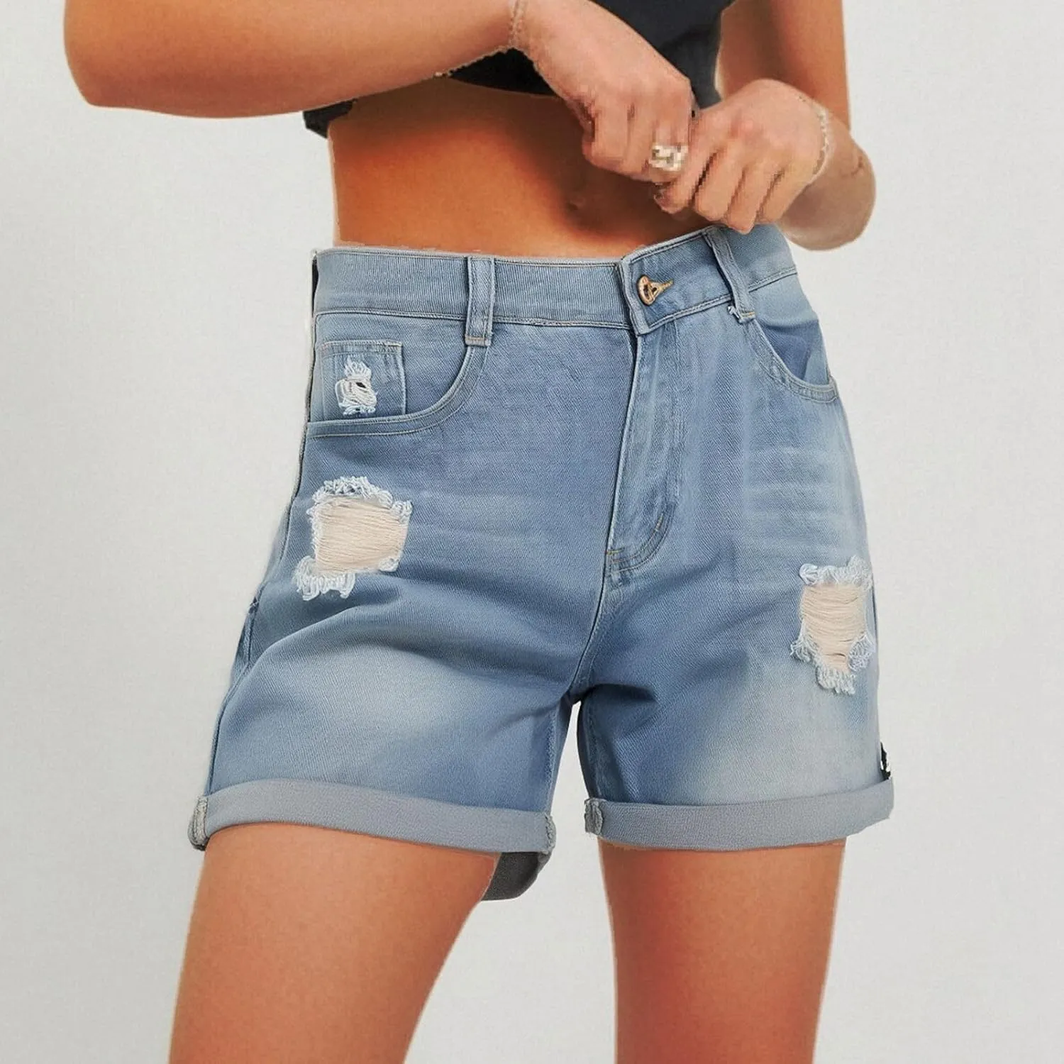 Womens Mid-High Waisted Ripped Denim Jean Shorts Cutoff Stretchy Comfy Summer Sexy Hot Short Pants with Pockets