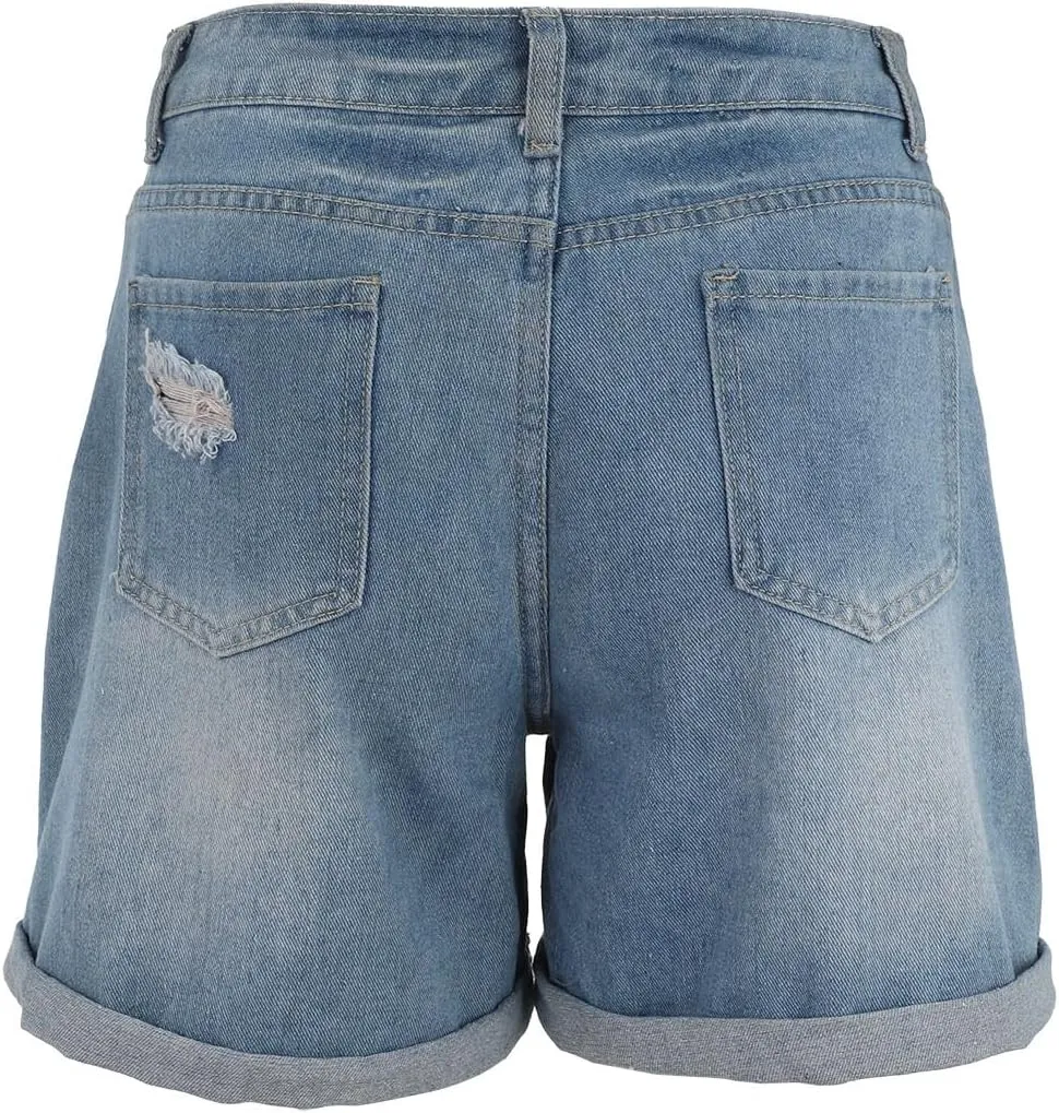 Womens Mid-High Waisted Ripped Denim Jean Shorts Cutoff Stretchy Comfy Summer Sexy Hot Short Pants with Pockets