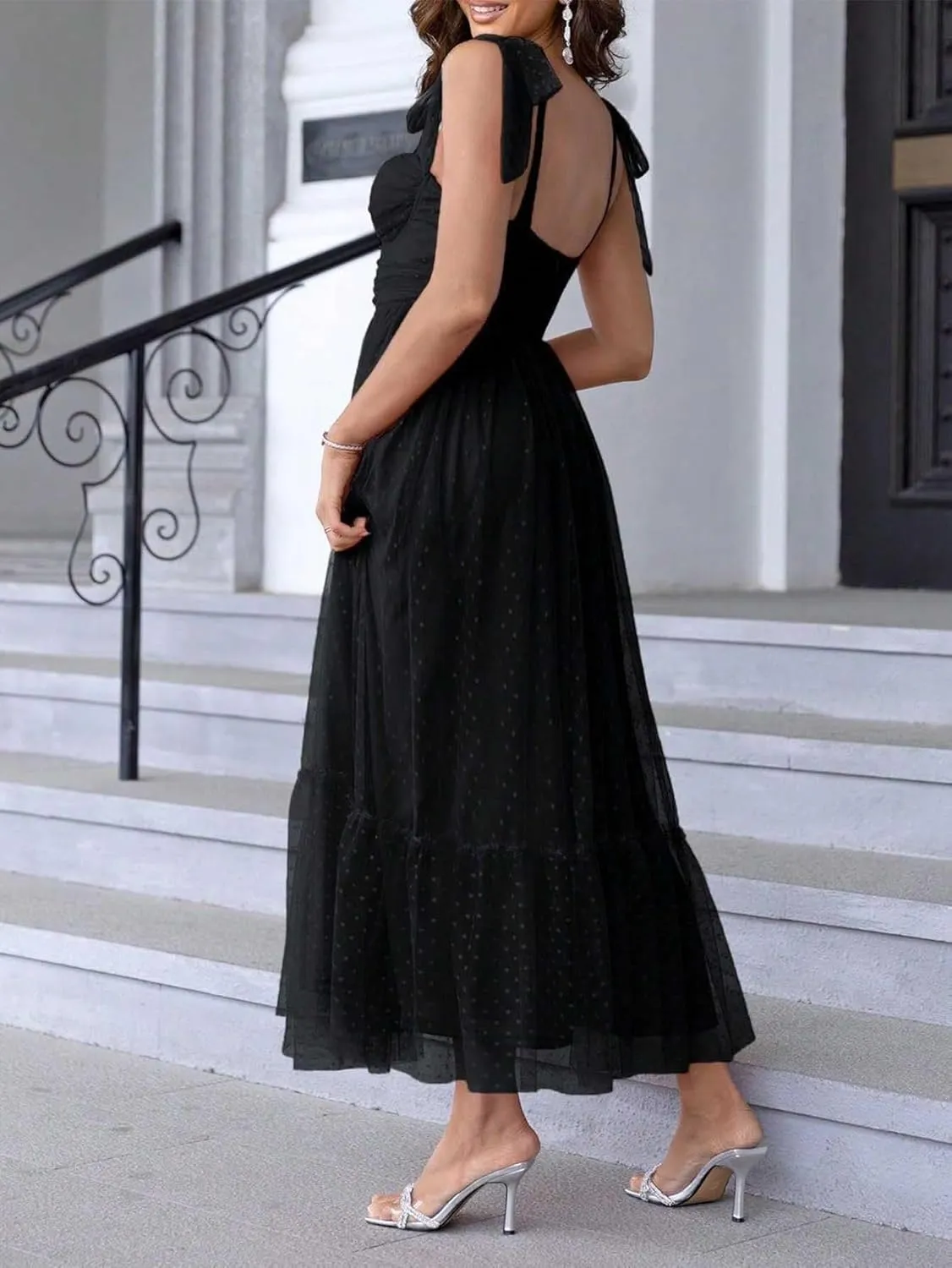 Women's Midi Dress Bow Knot Strap Smocked Ruffle Tulle Flowy Beach Sundress
