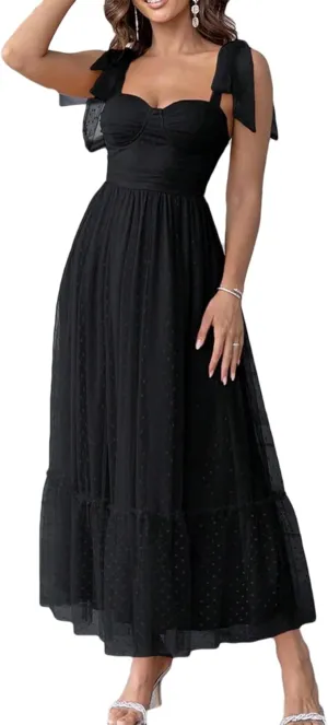 Women's Midi Dress Bow Knot Strap Smocked Ruffle Tulle Flowy Beach Sundress