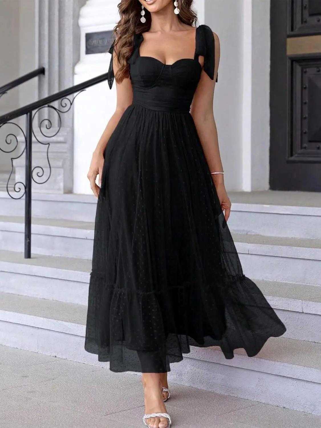 Women's Midi Dress Bow Knot Strap Smocked Ruffle Tulle Flowy Beach Sundress