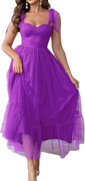 Women's Midi Dress Bow Knot Strap Smocked Ruffle Tulle Flowy Beach Sundress