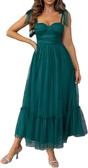 Women's Midi Dress Bow Knot Strap Smocked Ruffle Tulle Flowy Beach Sundress
