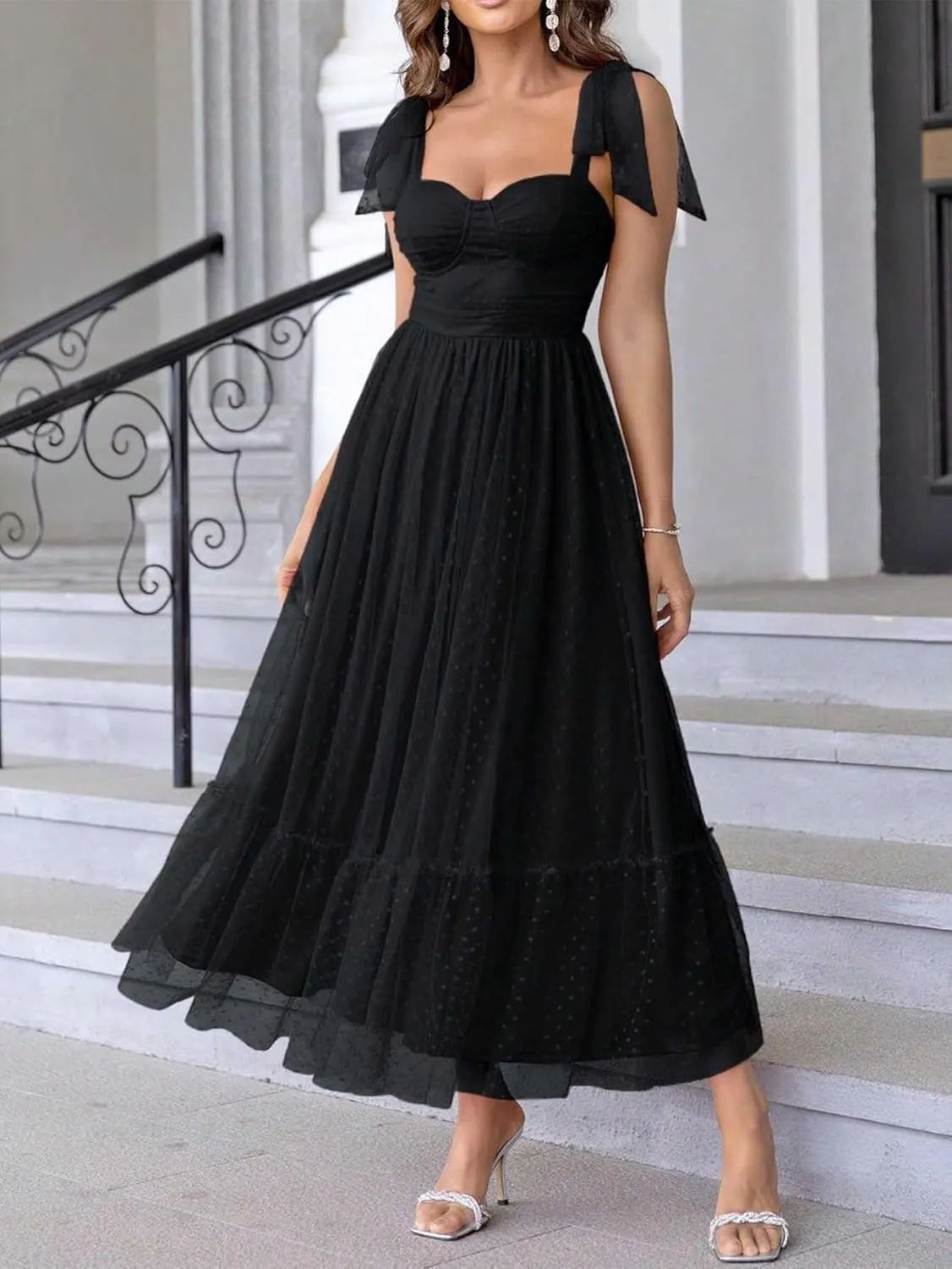 Women's Midi Dress Bow Knot Strap Smocked Ruffle Tulle Flowy Beach Sundress
