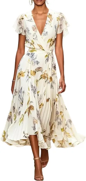 Womens Midi Dress Short Sleeve V-Neck Floral Print Wrap Flowy Elegant 2025 Spring Summer Casual Party Dress