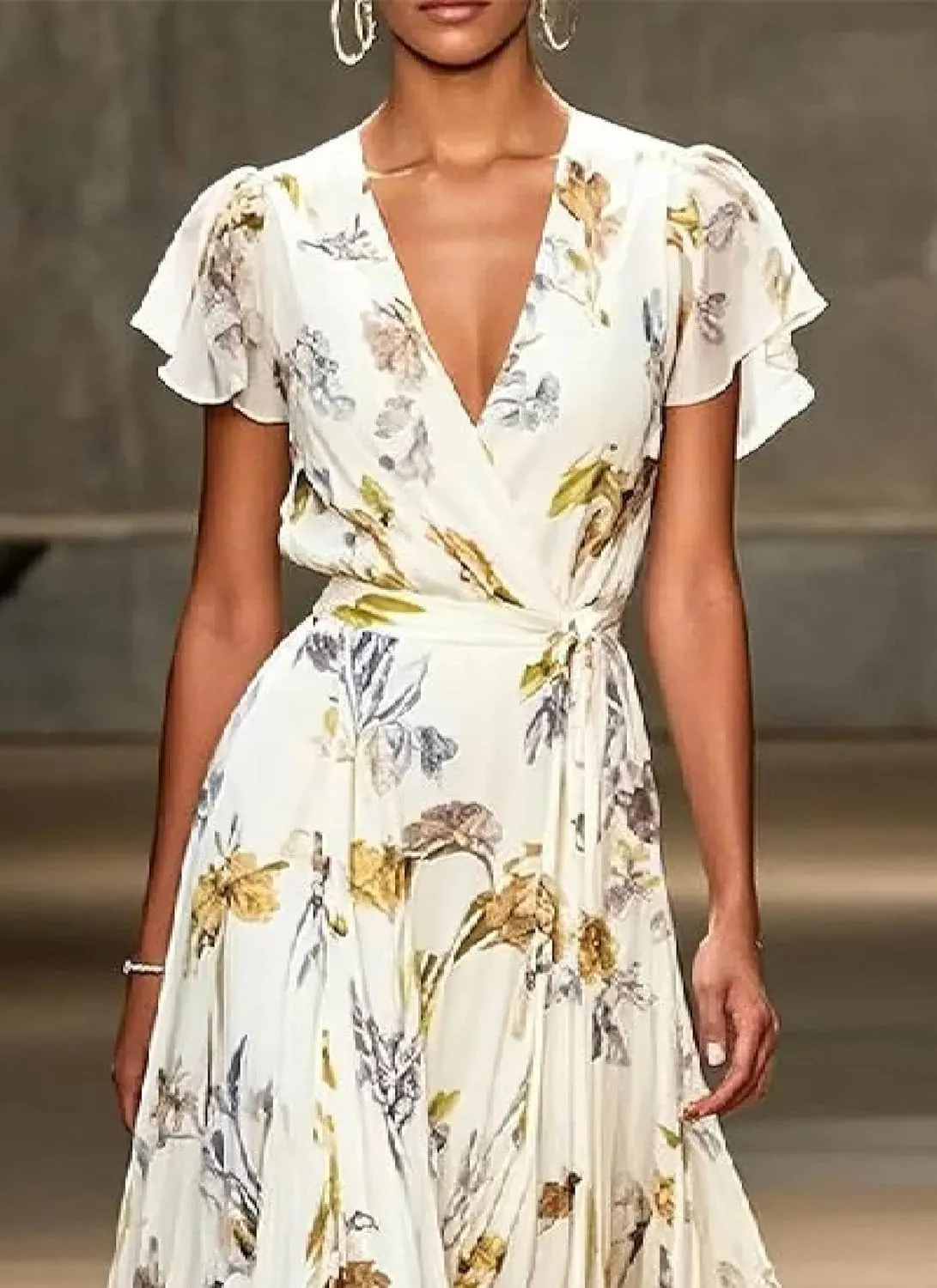 Womens Midi Dress Short Sleeve V-Neck Floral Print Wrap Flowy Elegant 2025 Spring Summer Casual Party Dress