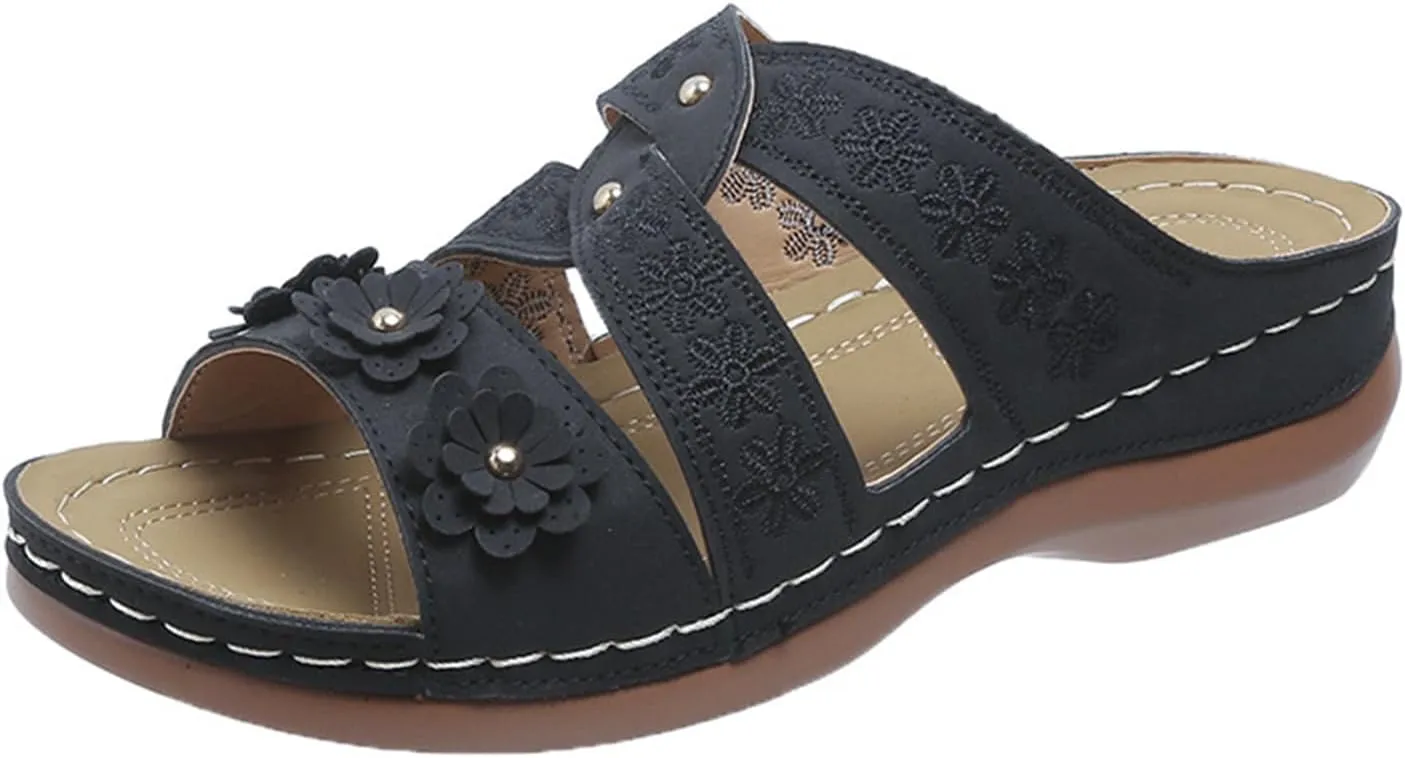 Womens Orthopedic Sandals with Arch Support Slip On Dressy Summer Comfortable Slides Sandal Women Open Toe Sandal Sandals for Women Wedge Shoes Flower Comfortable Orthopedic Lightweight Slippers