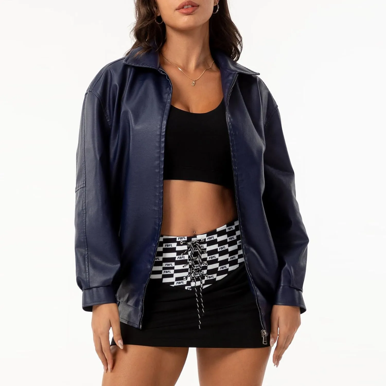 Womens Oversized Leather Jackets Faux Casual Zip Up Casual Bomber Fall Fashion Motorcycle Jacket with Pockets