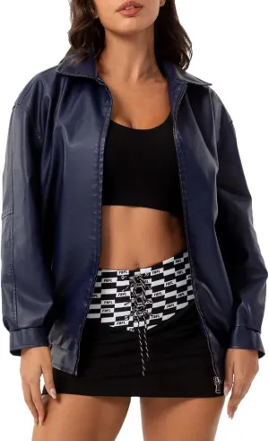 Womens Oversized Leather Jackets Faux Casual Zip Up Casual Bomber Fall Fashion Motorcycle Jacket with Pockets