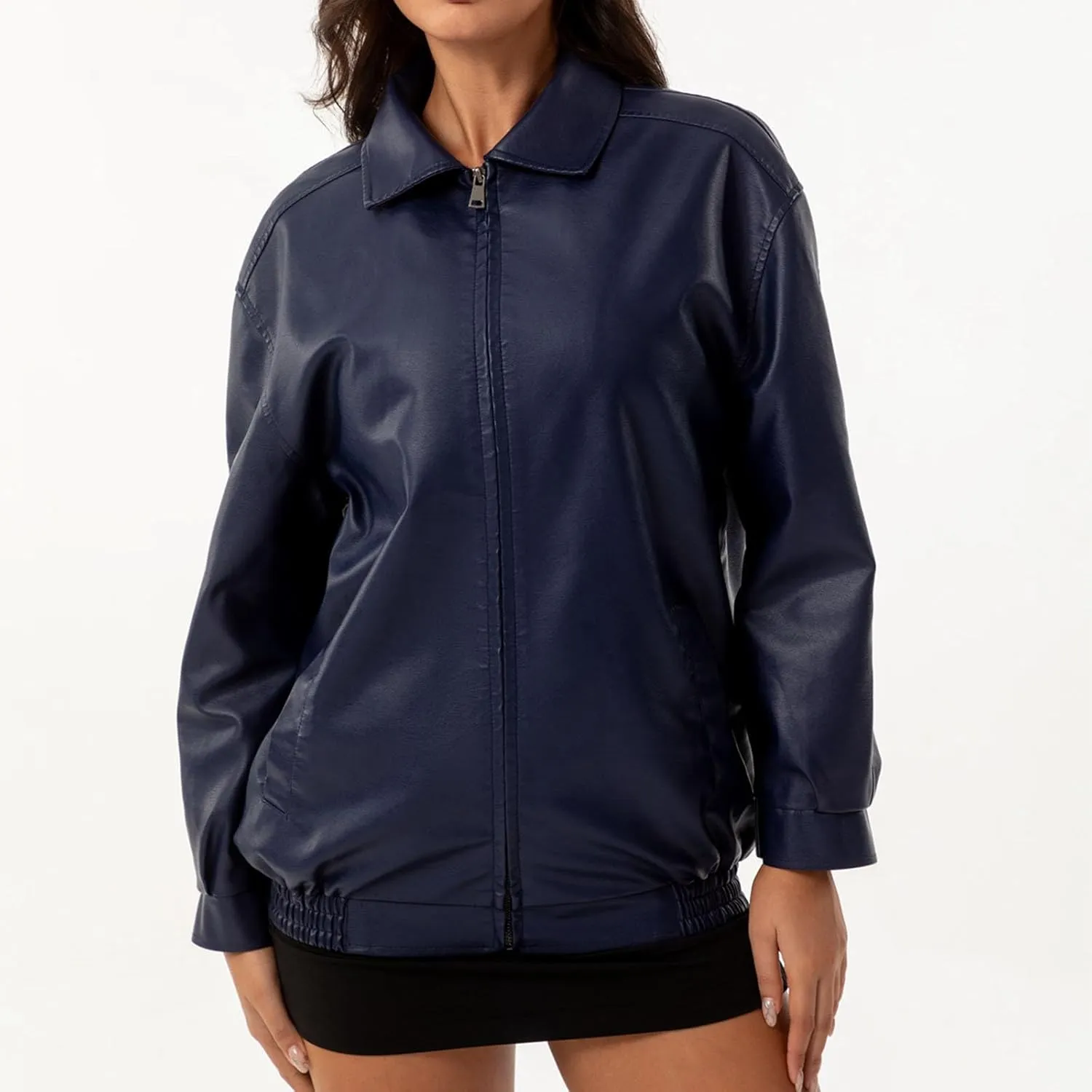 Womens Oversized Leather Jackets Faux Casual Zip Up Casual Bomber Fall Fashion Motorcycle Jacket with Pockets