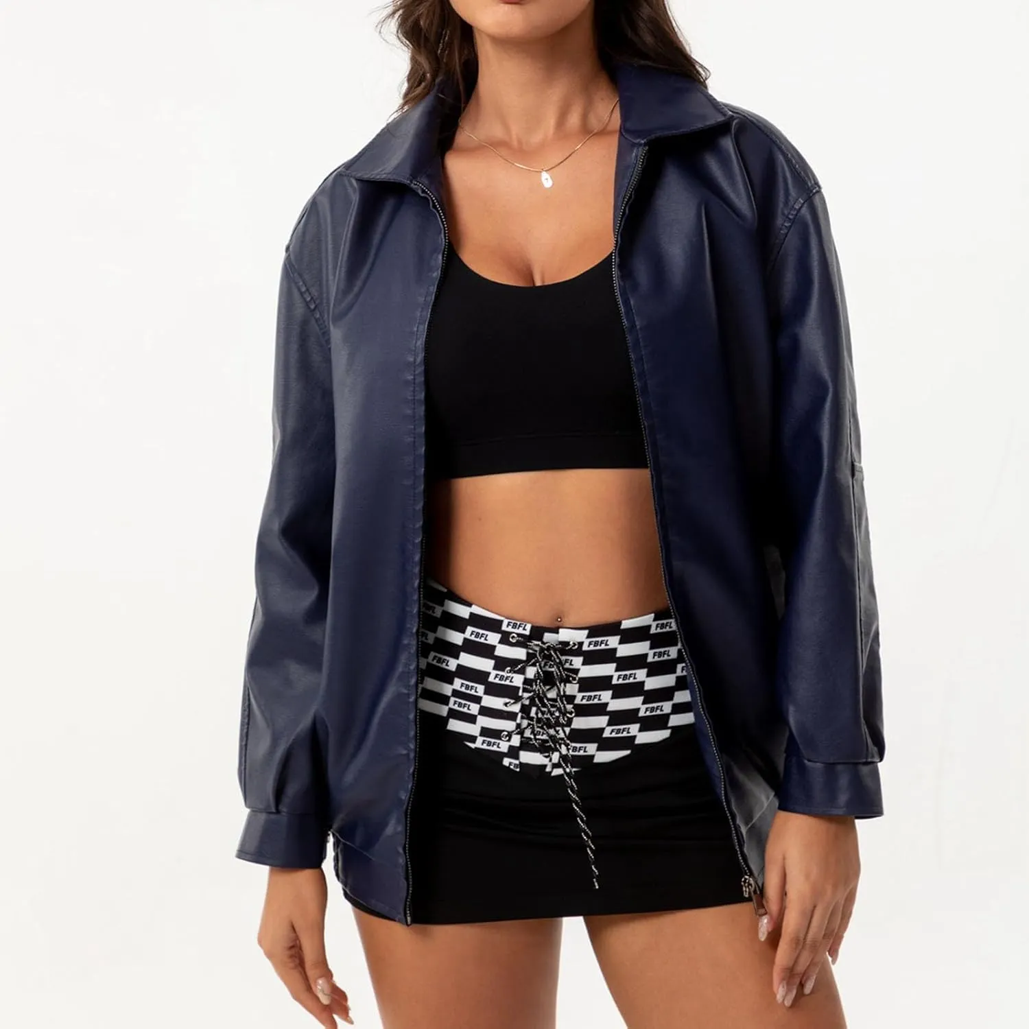 Womens Oversized Leather Jackets Faux Casual Zip Up Casual Bomber Fall Fashion Motorcycle Jacket with Pockets