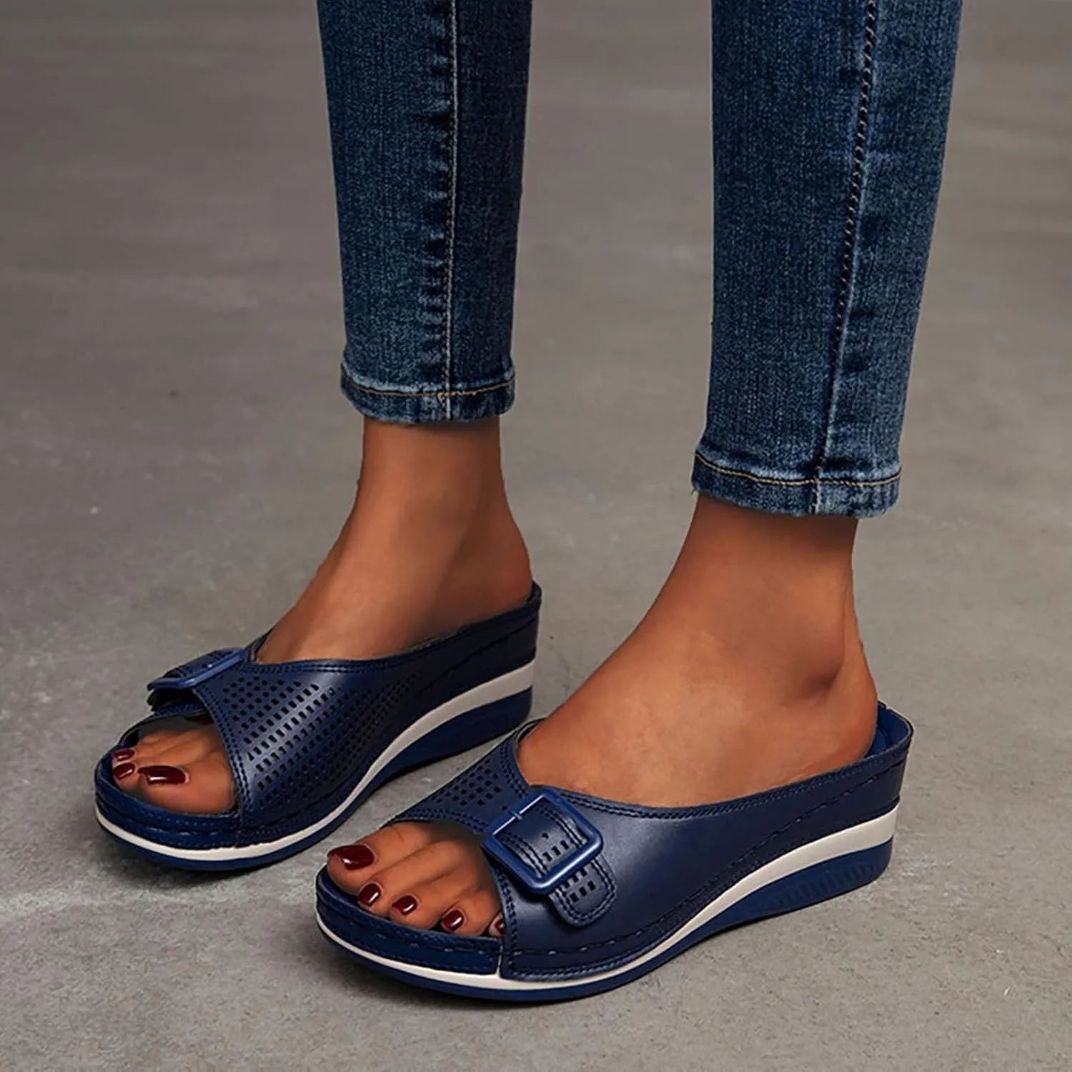 Women's Peep Toe Wedges Orthopedic Sandals with Arch-Support Slip On Platform Hollow-Out Orthotic Walking Slippers Fish Mouth Arch Wedge Supportive Casual Beach Flip Flops