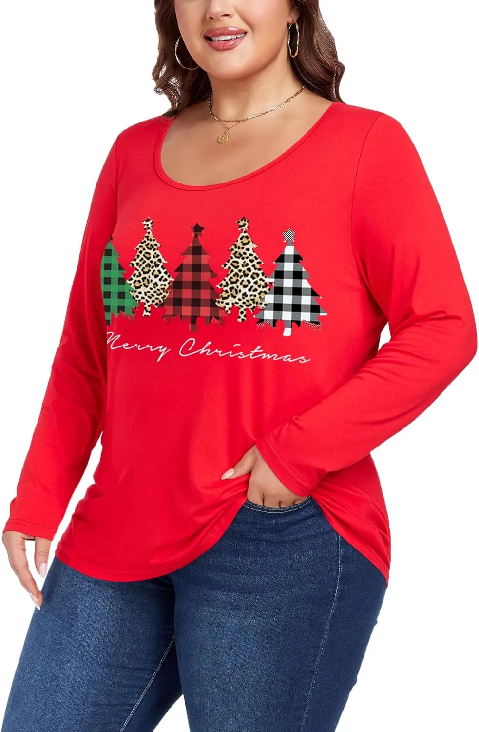 Women's Plus Size Long Sleeve U Neck Tunics Tops Casual Loose Fit T Shirt Blouse