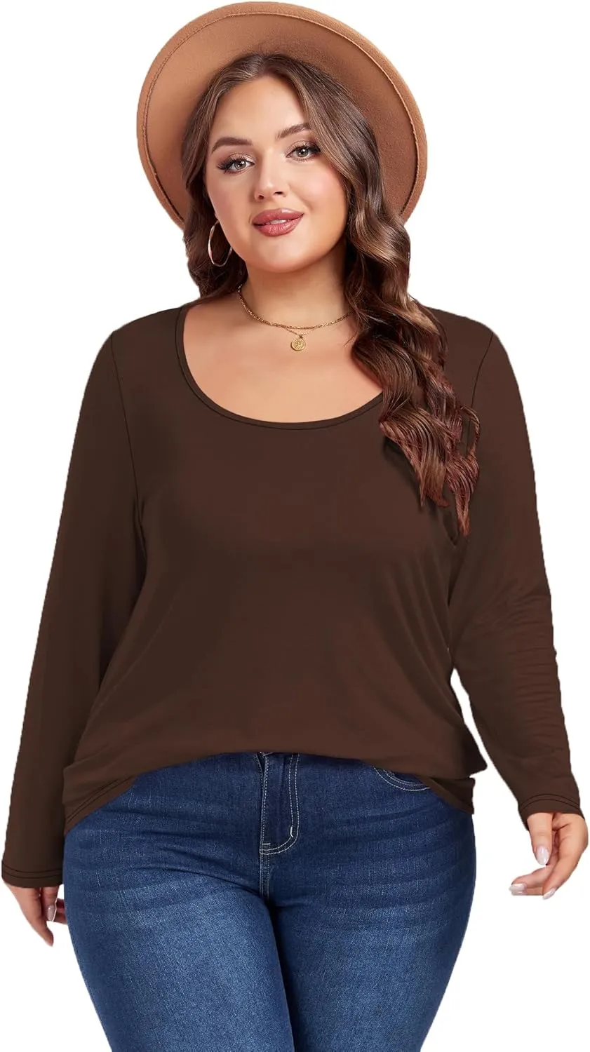 Women's Plus Size Long Sleeve U Neck Tunics Tops Casual Loose Fit T Shirt Blouse