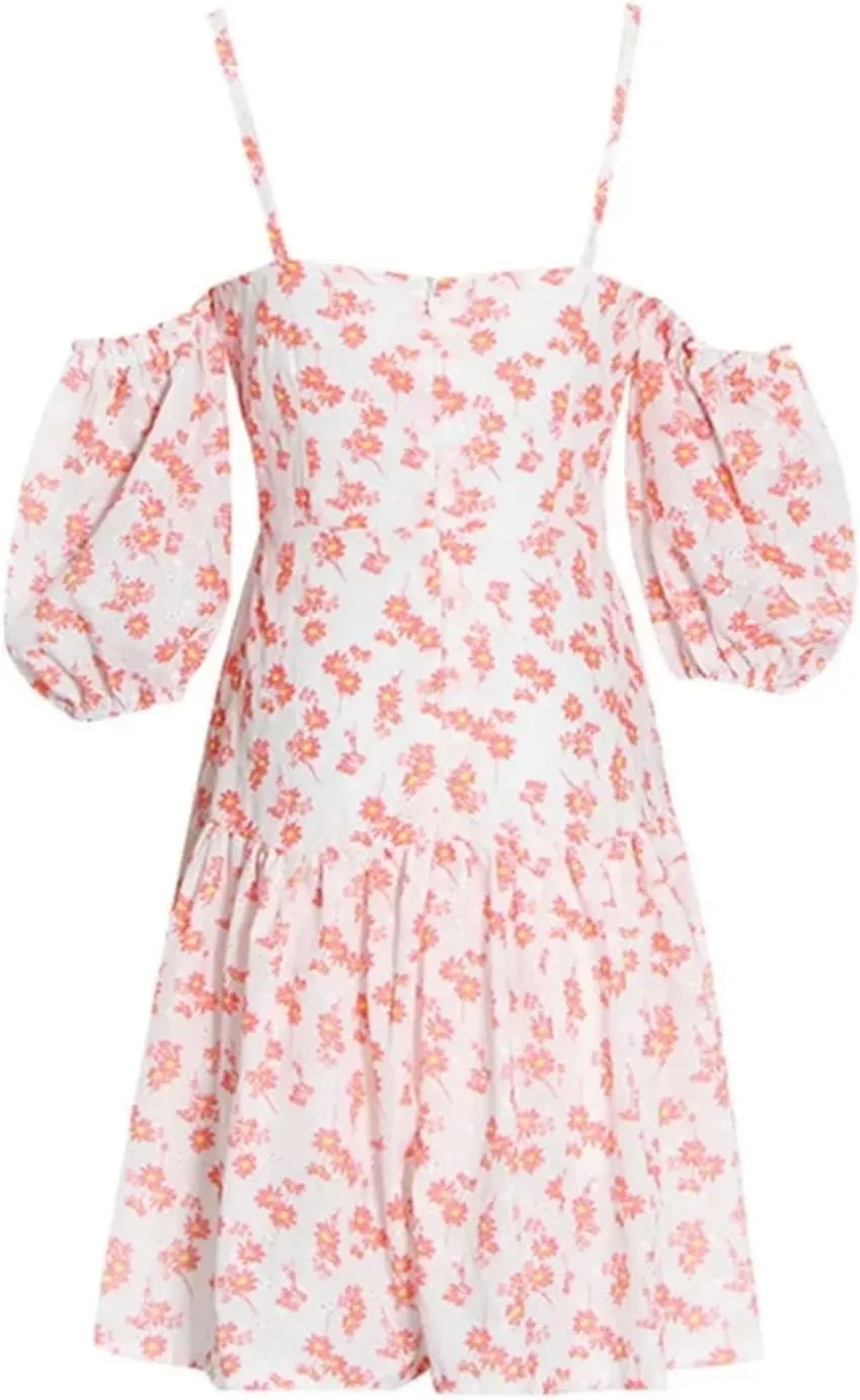 Womens Puff Sleeve Floral Dress, Off-Shoulder High Waist Summer Party Bodycon Mini Cocktail Gown