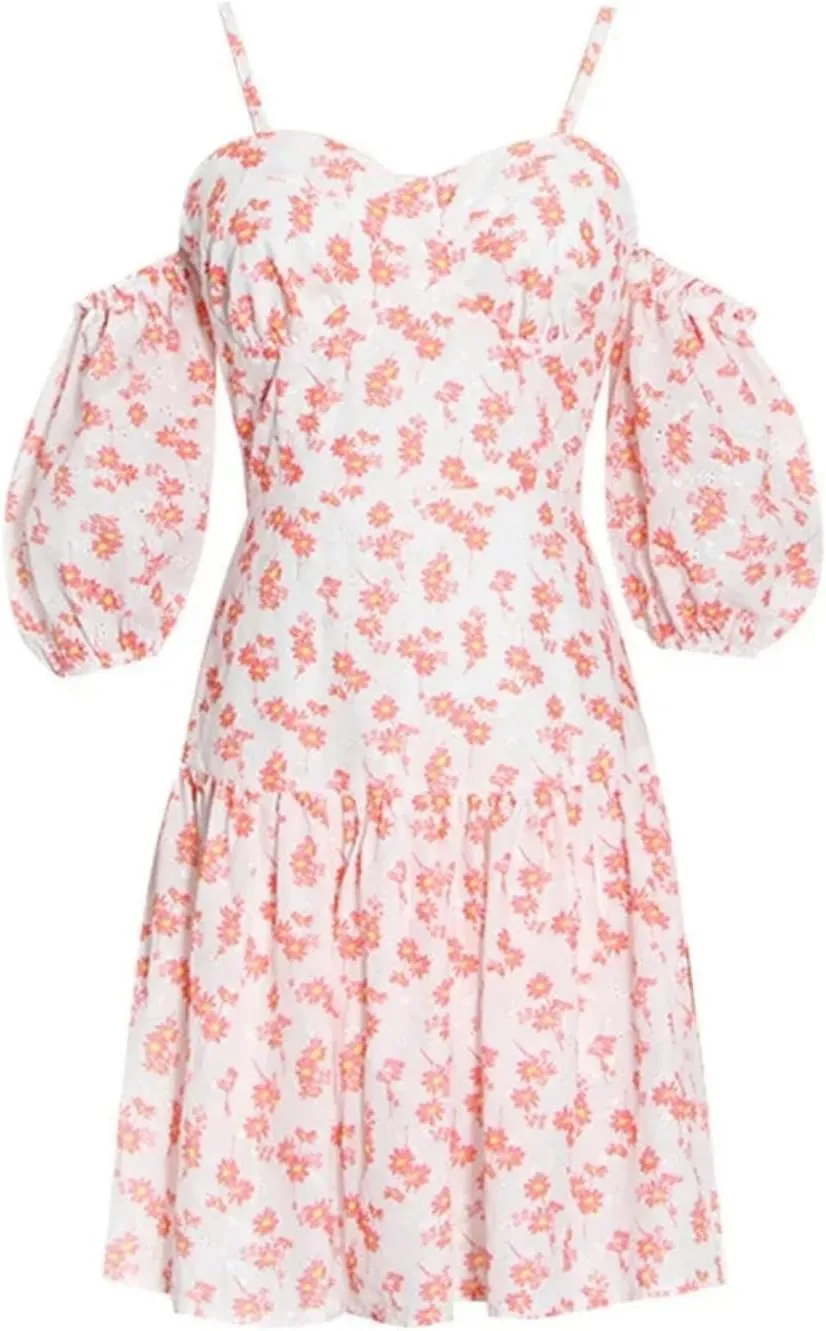 Womens Puff Sleeve Floral Dress, Off-Shoulder High Waist Summer Party Bodycon Mini Cocktail Gown