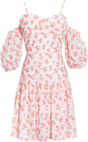 Womens Puff Sleeve Floral Dress, Off-Shoulder High Waist Summer Party Bodycon Mini Cocktail Gown