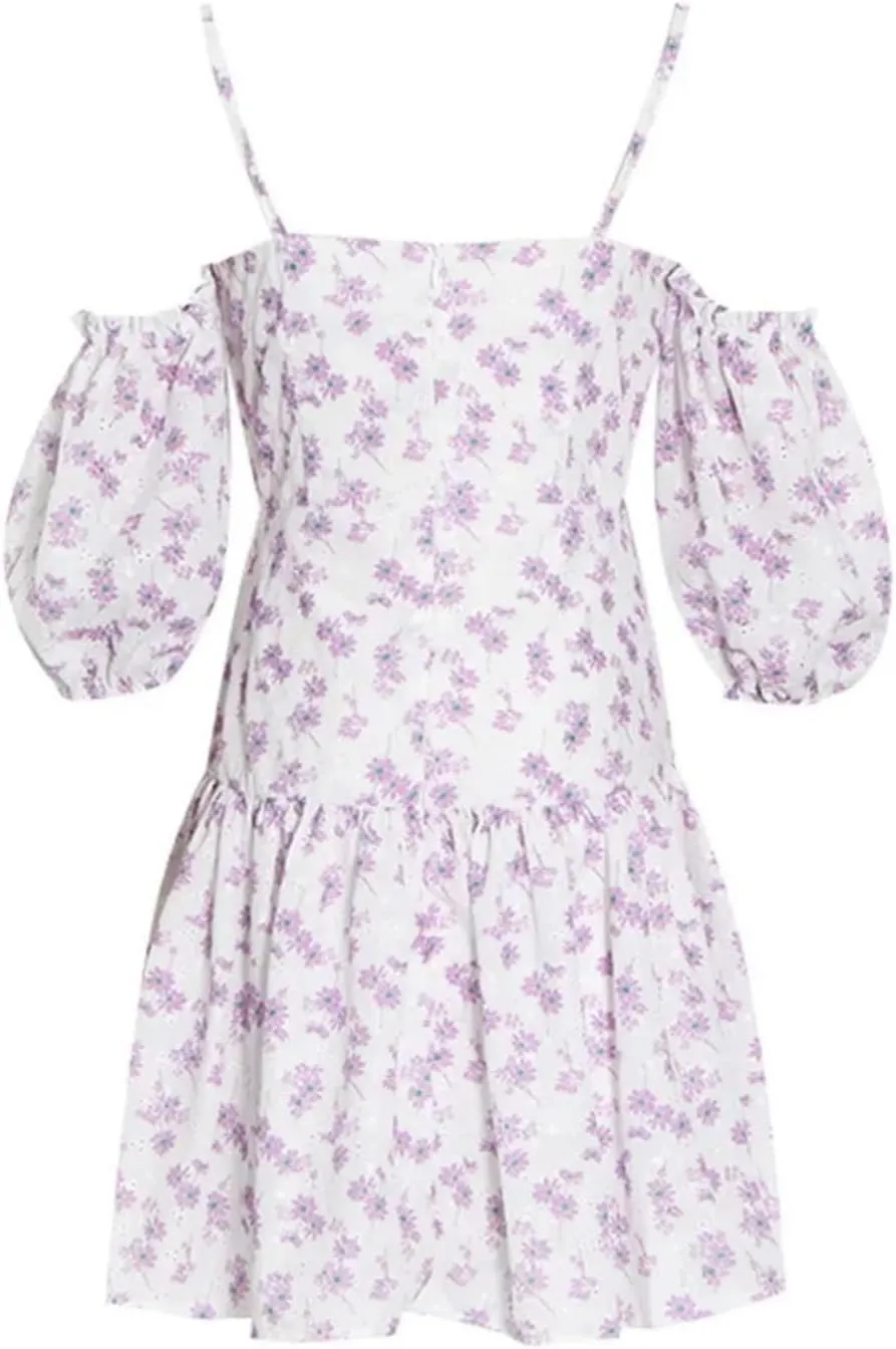 Womens Puff Sleeve Floral Dress, Off-Shoulder High Waist Summer Party Bodycon Mini Cocktail Gown