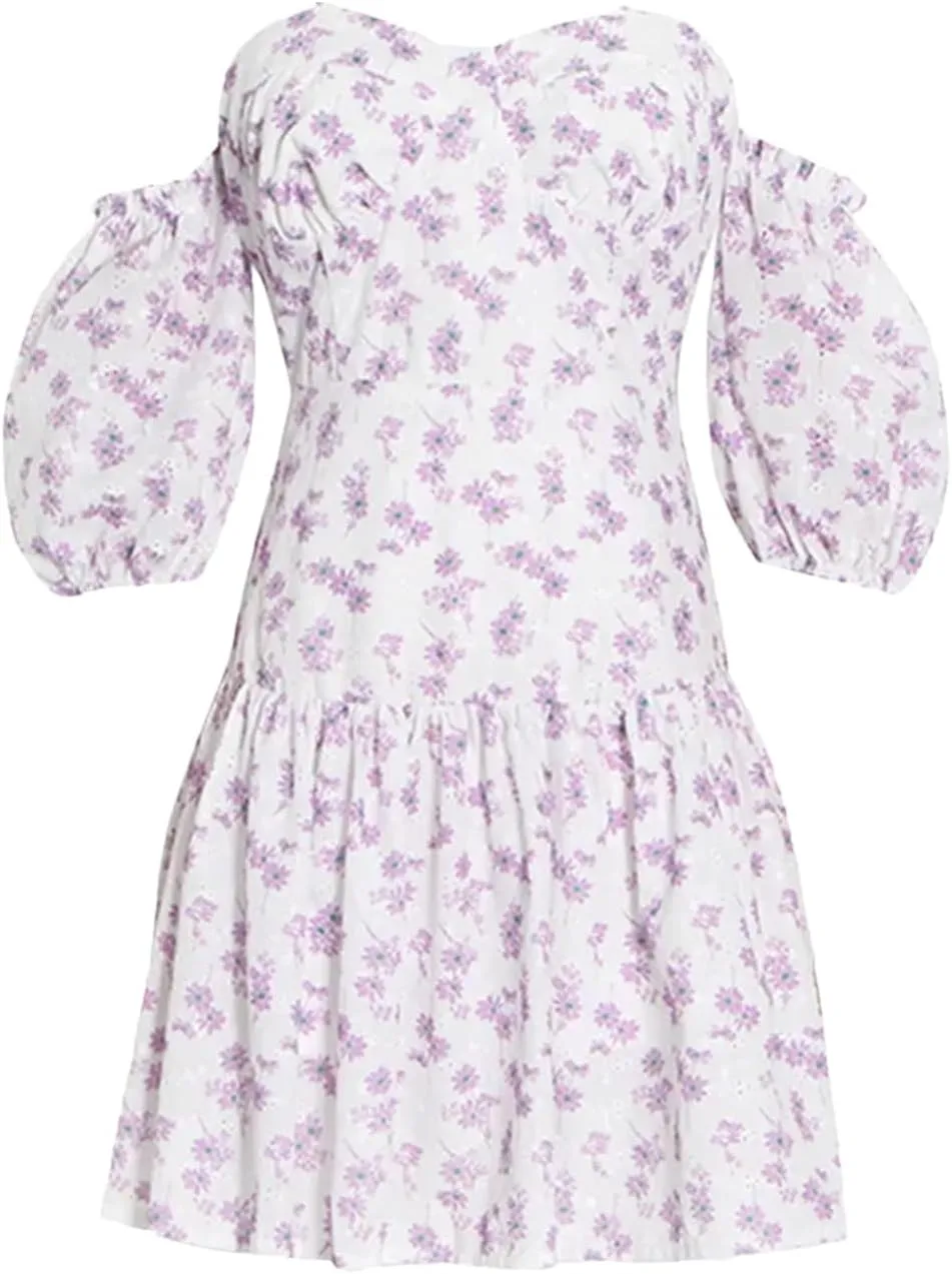 Womens Puff Sleeve Floral Dress, Off-Shoulder High Waist Summer Party Bodycon Mini Cocktail Gown