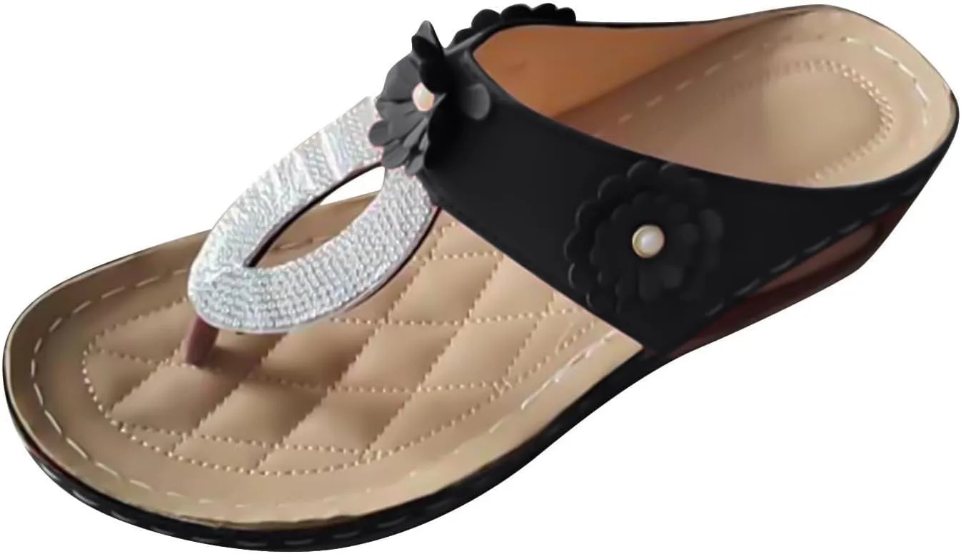 Womens Sandals Arch Support Orthopedic Beach Flip Flops Slides Walking Shoes Comfortable Dressy Casual Sandals Thick Soled Sequined Sandal Summer Beach Shoes Breathable Shoe