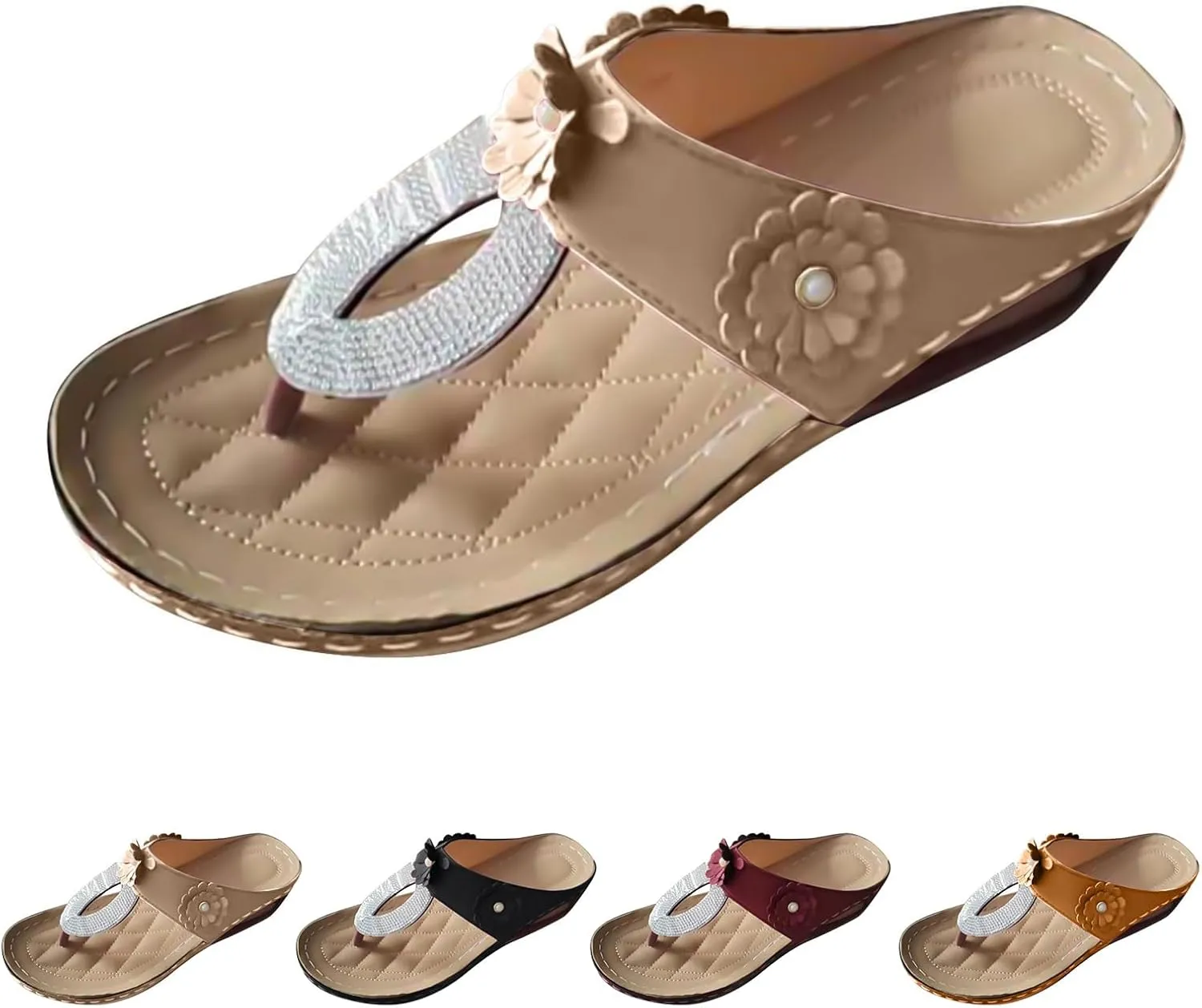 Womens Sandals Arch Support Orthopedic Beach Flip Flops Slides Walking Shoes Comfortable Dressy Casual Sandals Thick Soled Sequined Sandal Summer Beach Shoes Breathable Shoe