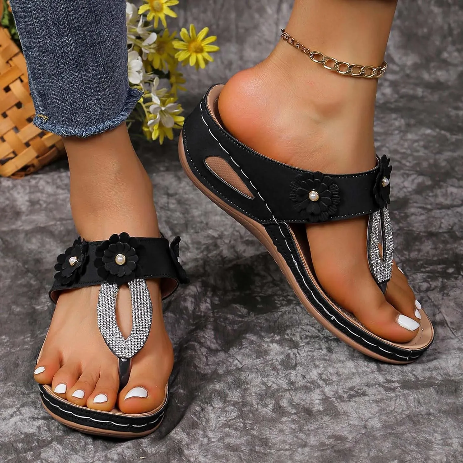 Womens Sandals Arch Support Orthopedic Beach Flip Flops Slides Walking Shoes Comfortable Dressy Casual Sandals Thick Soled Sequined Sandal Summer Beach Shoes Breathable Shoe