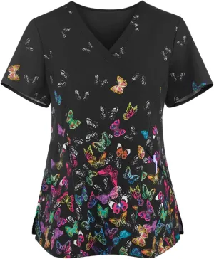 Womens Scrub Tops Fashion Printed Work Uniform T-Shirt V Neck Short Sleeve Nurse Tops Tunic Blouse with Pocket