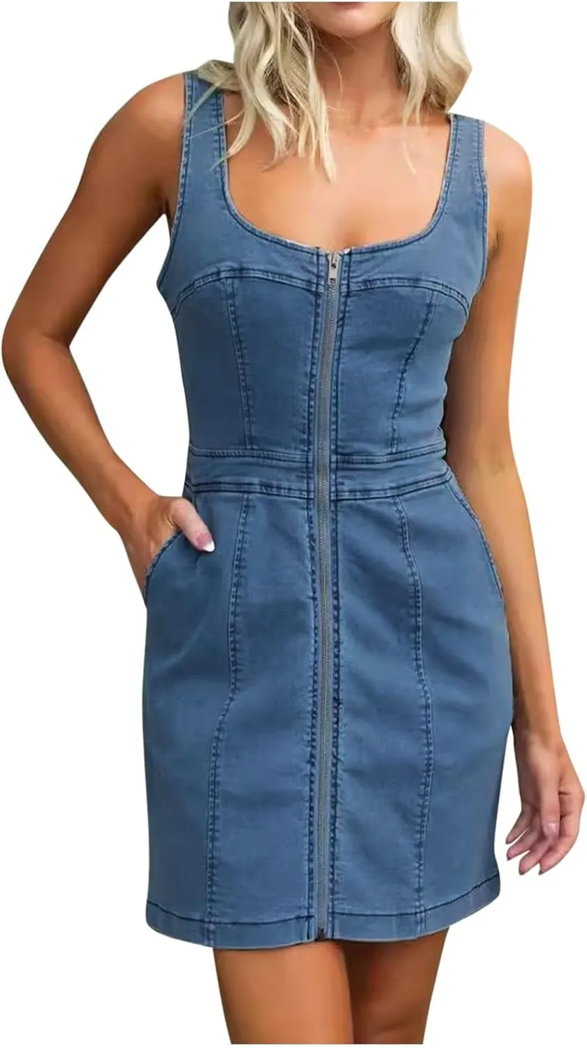 Women's Sexy Denim Dresses Trendy Sleeveless Slim Fit Front Zipper Going Out Tank Dress Y2K Jean Dress with Pockets