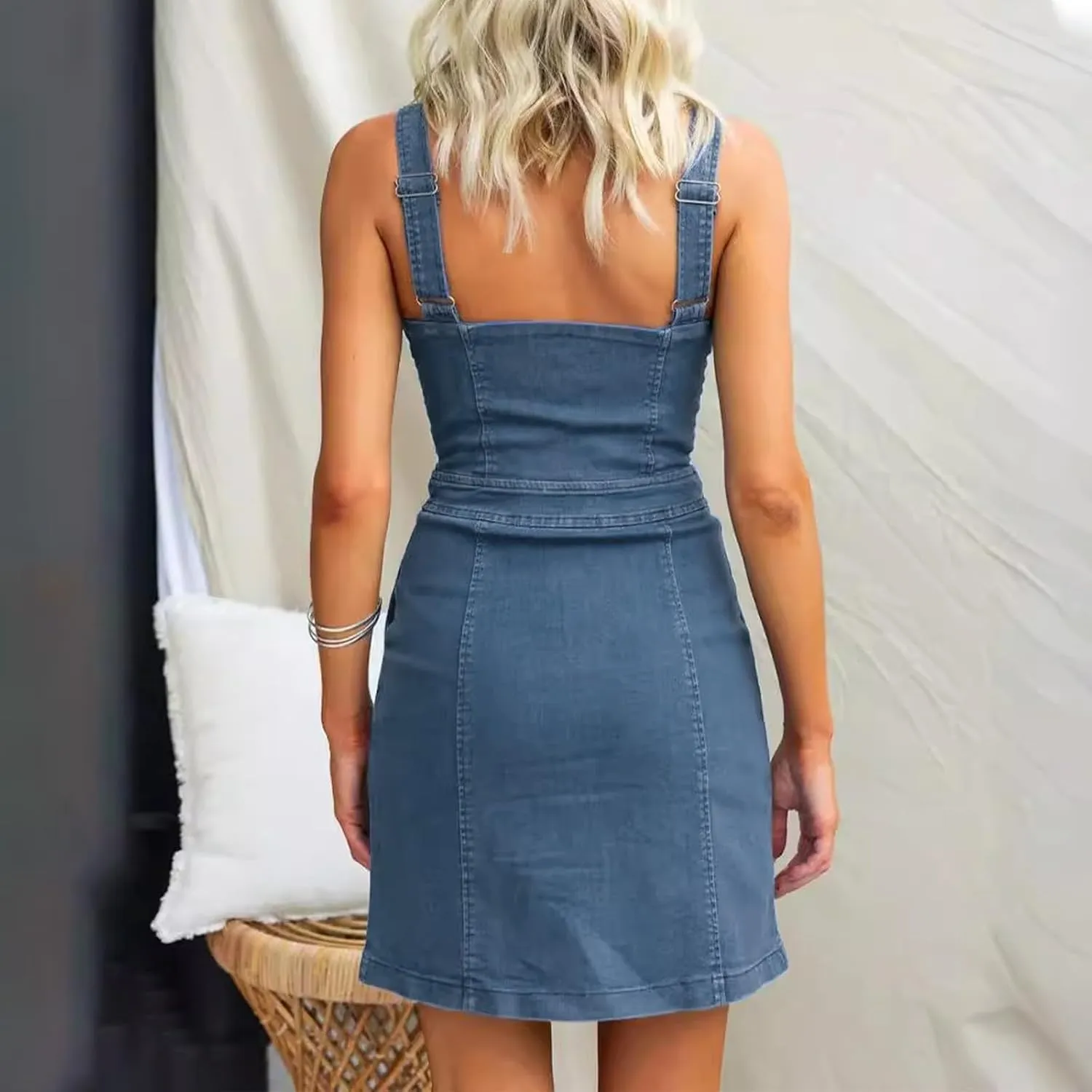 Women's Sexy Denim Dresses Trendy Sleeveless Slim Fit Front Zipper Going Out Tank Dress Y2K Jean Dress with Pockets