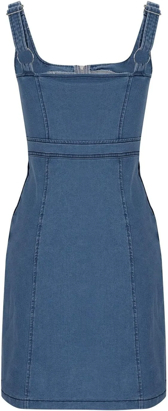 Women's Sexy Denim Dresses Trendy Sleeveless Slim Fit Front Zipper Going Out Tank Dress Y2K Jean Dress with Pockets