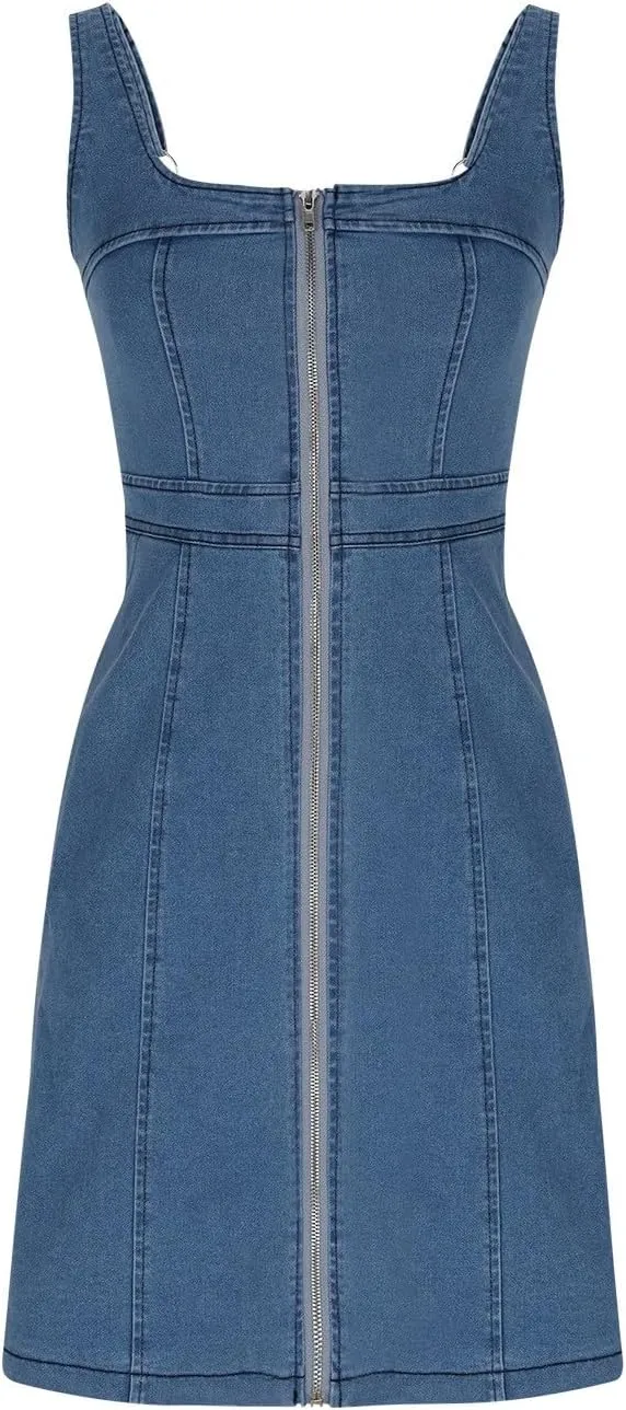 Women's Sexy Denim Dresses Trendy Sleeveless Slim Fit Front Zipper Going Out Tank Dress Y2K Jean Dress with Pockets