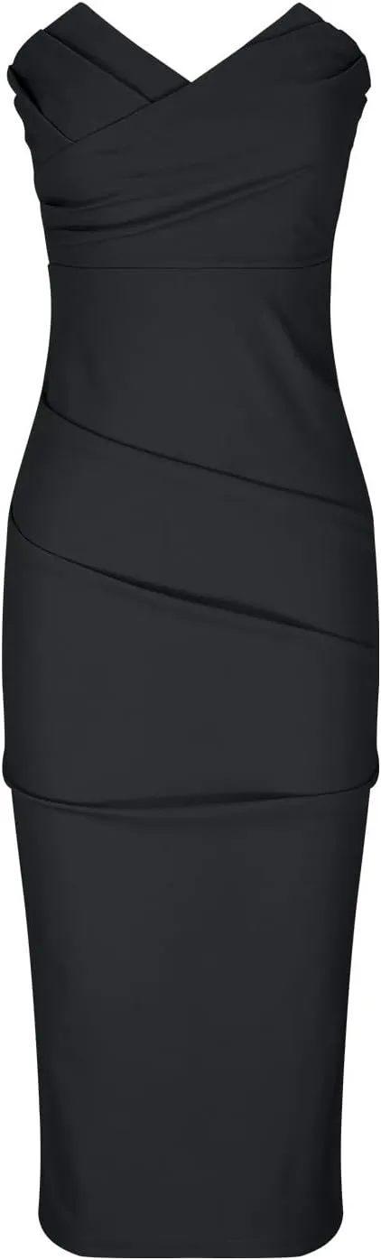 Women's Sexy Slim Party Dress Solid Color V-Neck Strapless Midi Dress Pleated Split Fashion Dresses