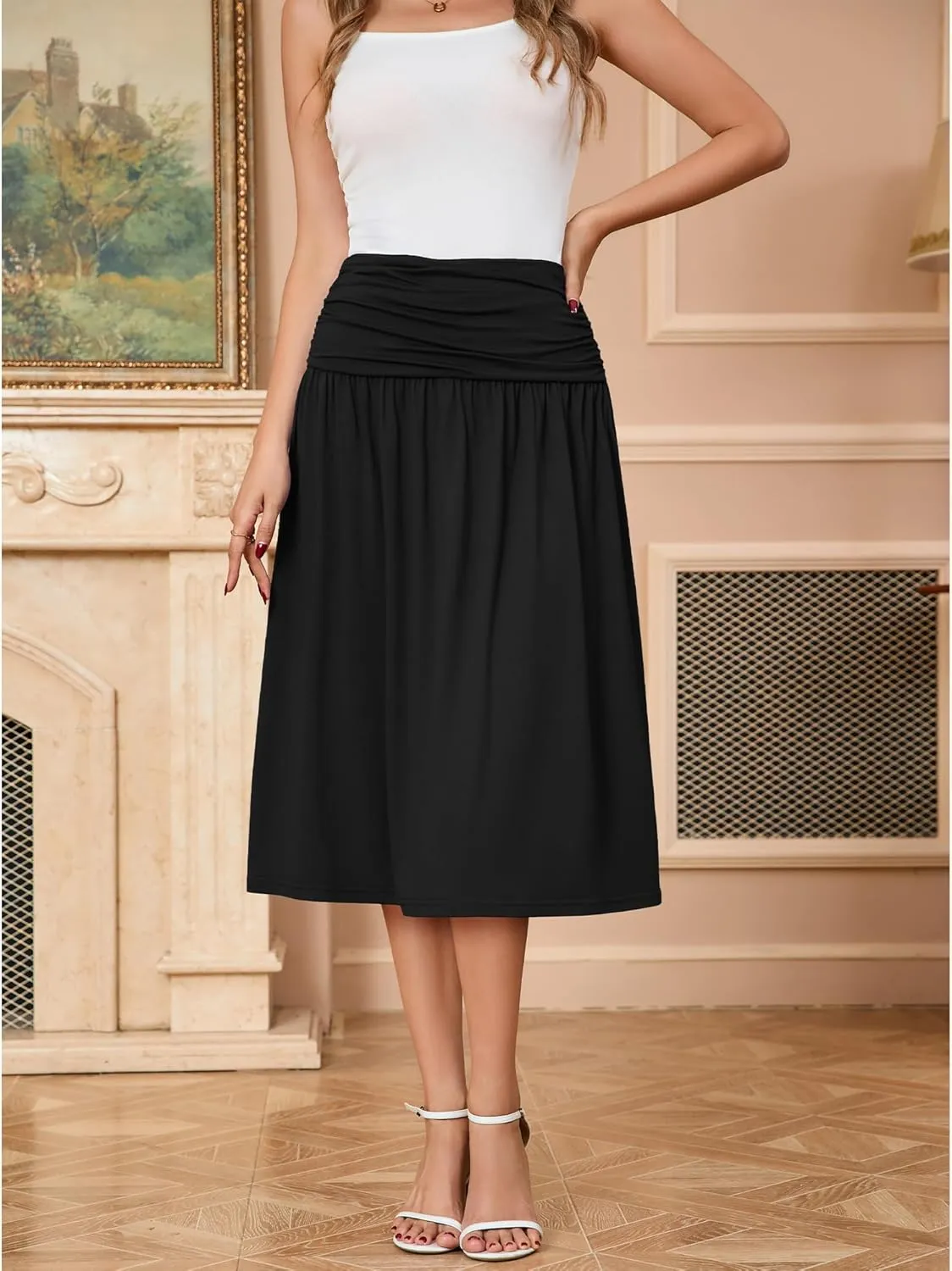 Women's Skirts Stretchy High Waist Flowy Knit Skirt for Women with Pockets(S-2XL)