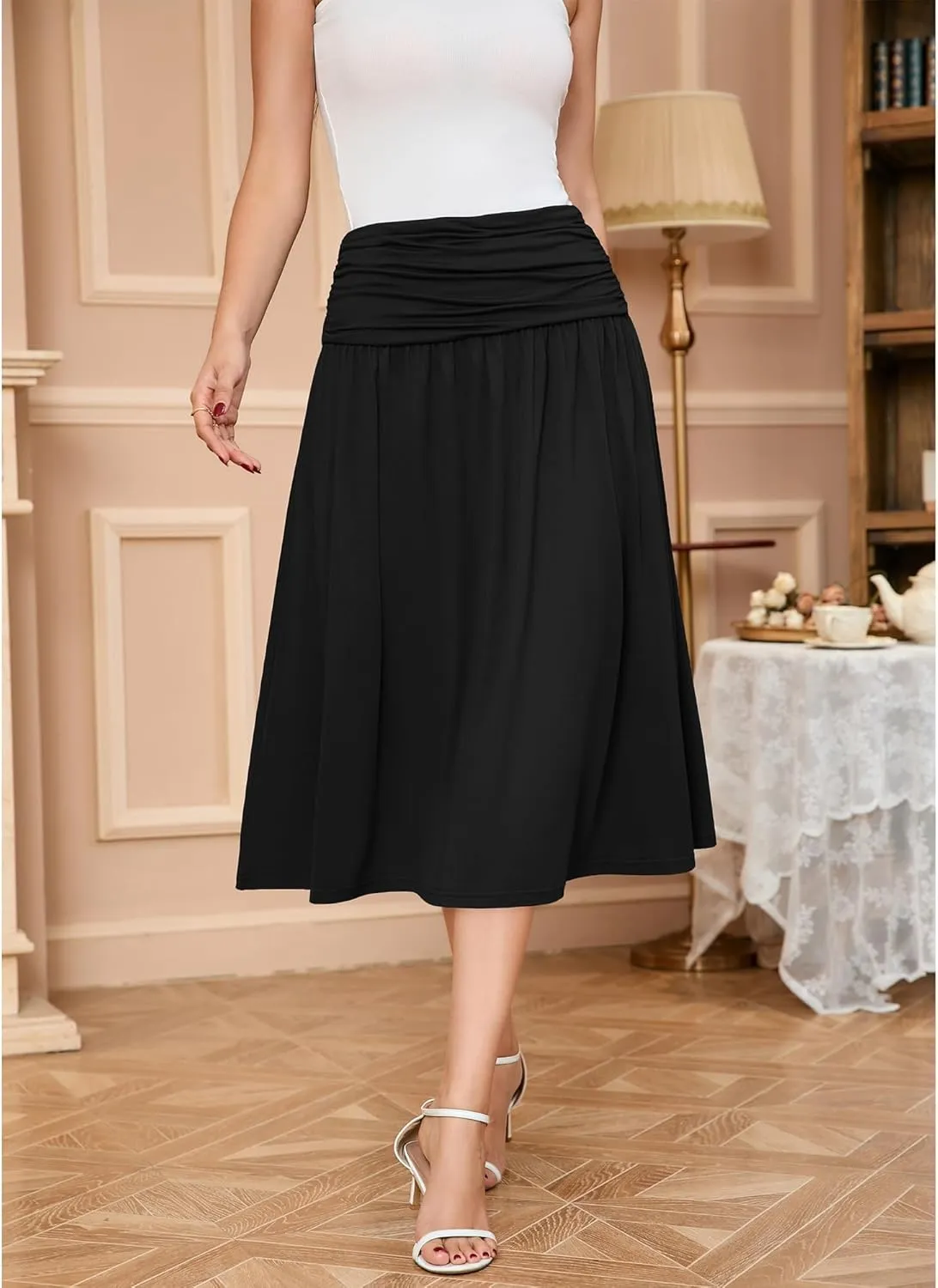 Women's Skirts Stretchy High Waist Flowy Knit Skirt for Women with Pockets(S-2XL)