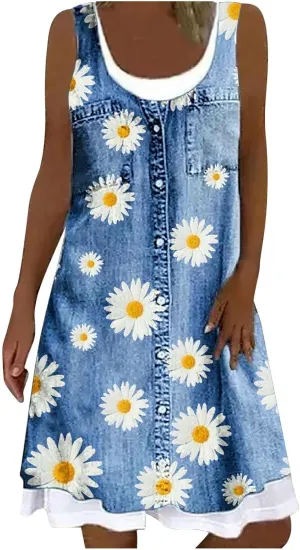 Womens Sleeveless Fake Two-Piece Sleeveless Dress Floral Print Casual Sundresses Summer Novelty Clothes