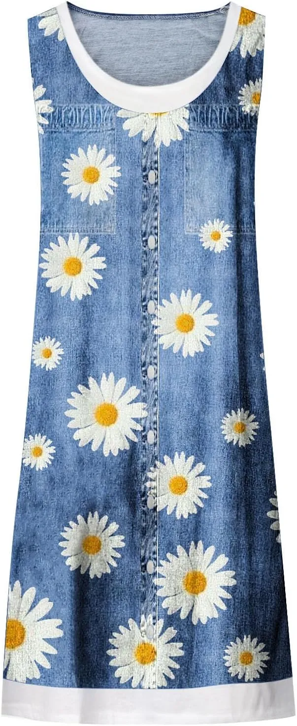 Womens Sleeveless Fake Two-Piece Sleeveless Dress Floral Print Casual Sundresses Summer Novelty Clothes