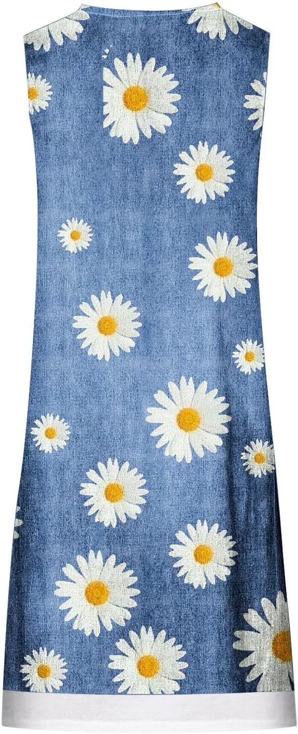 Womens Sleeveless Fake Two-Piece Sleeveless Dress Floral Print Casual Sundresses Summer Novelty Clothes