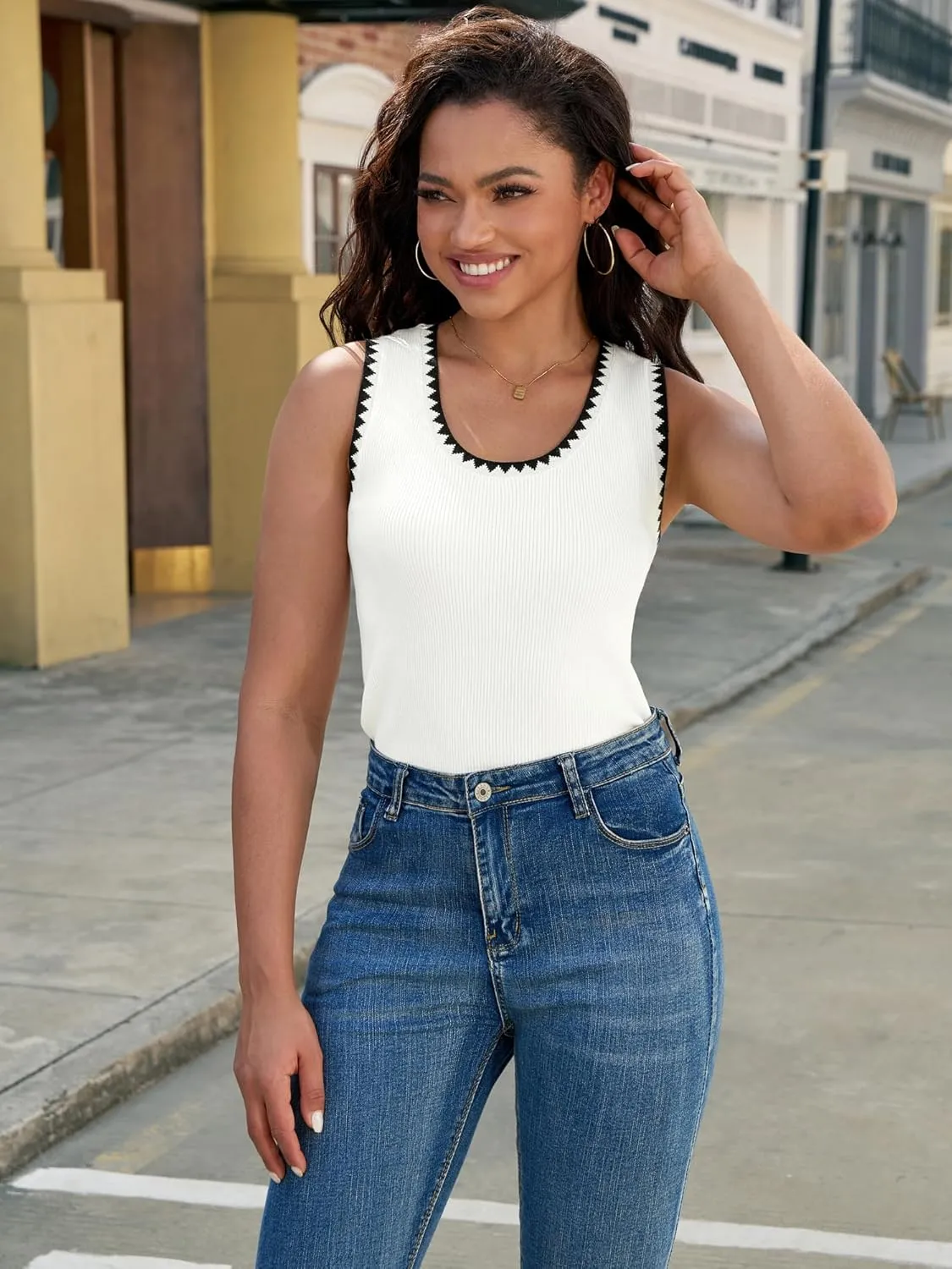 Womens Sleeveless Sweater Vest Summer Knit Tank Tops Scoop Neck Color Block Ribbed Casual Shirts 2025