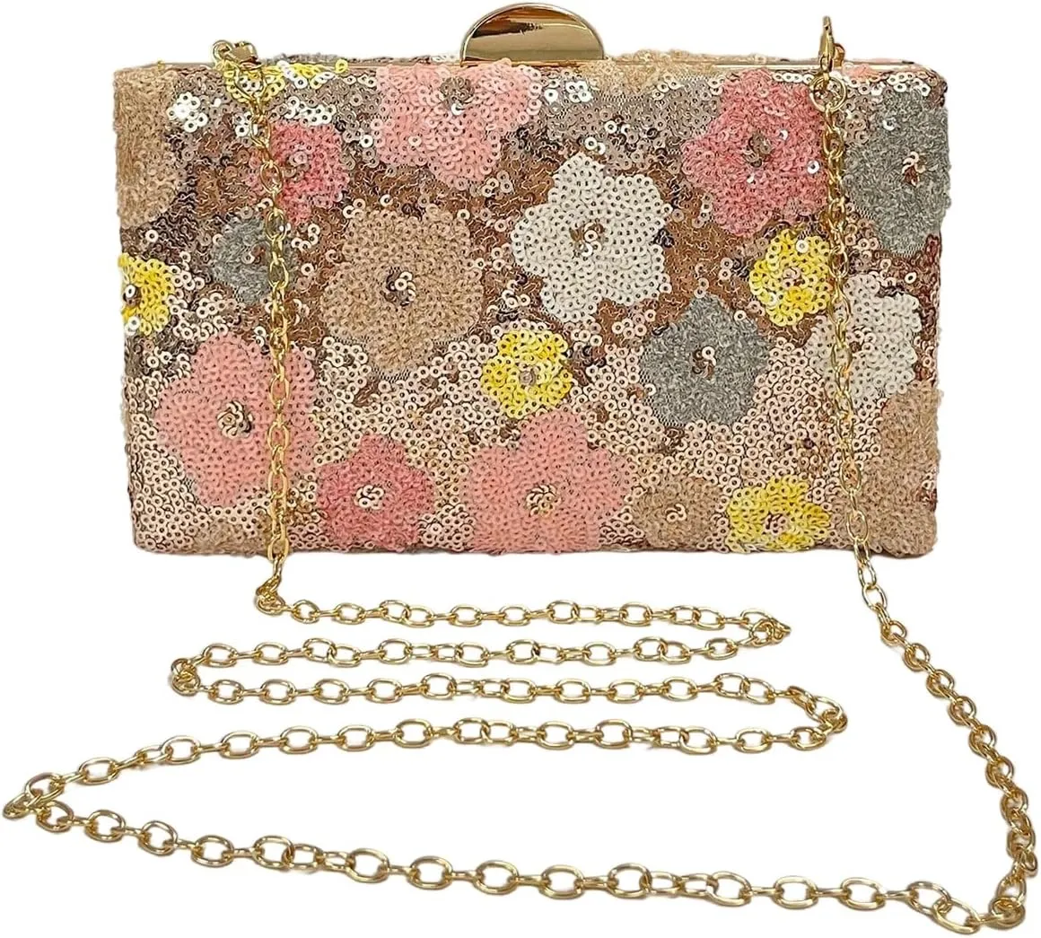 Women's Sparkly Sequin Floral Evening Handbags Chain Strap Mini Square Bags Wedding Party Clutch Purses