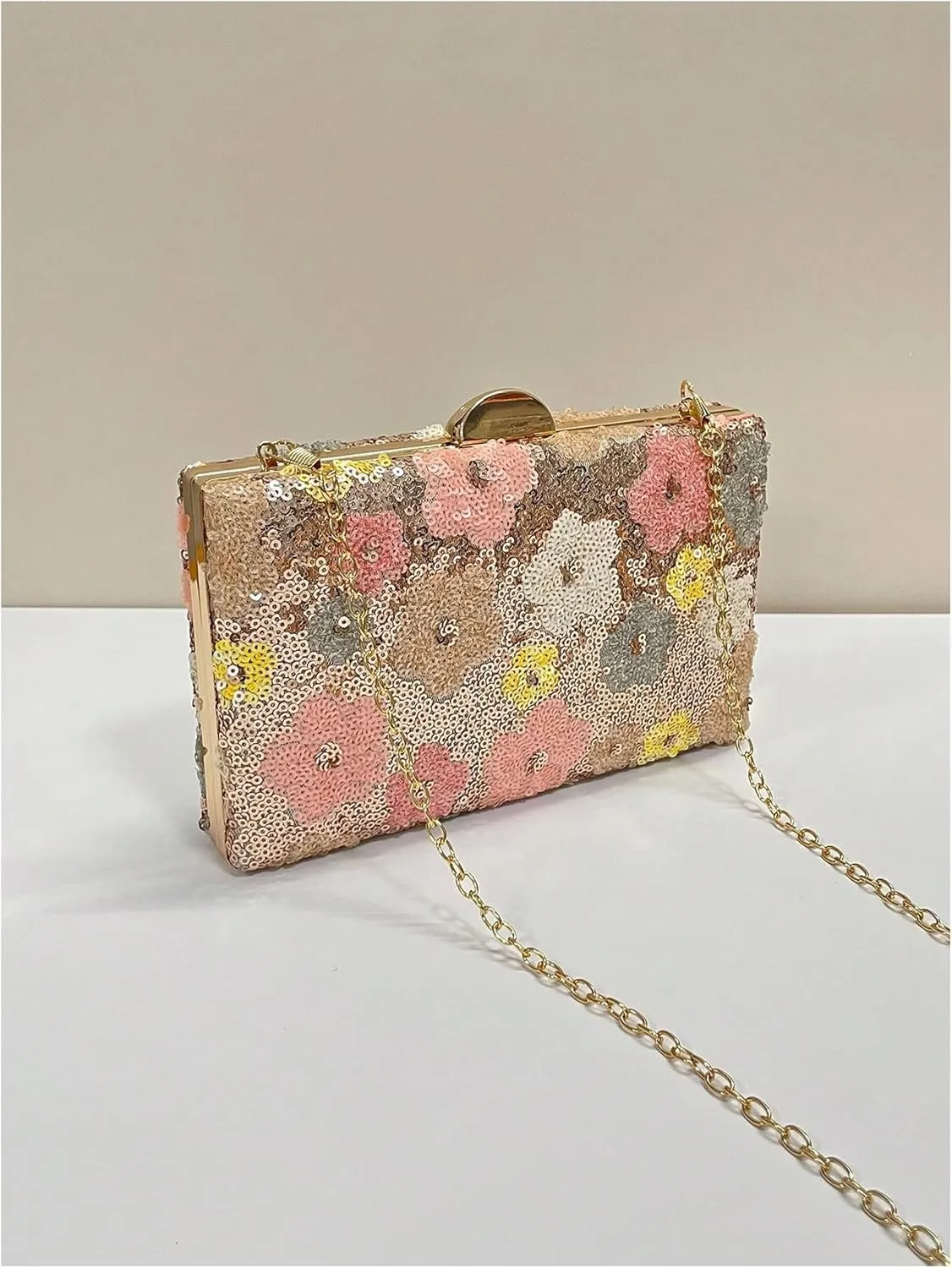 Women's Sparkly Sequin Floral Evening Handbags Chain Strap Mini Square Bags Wedding Party Clutch Purses