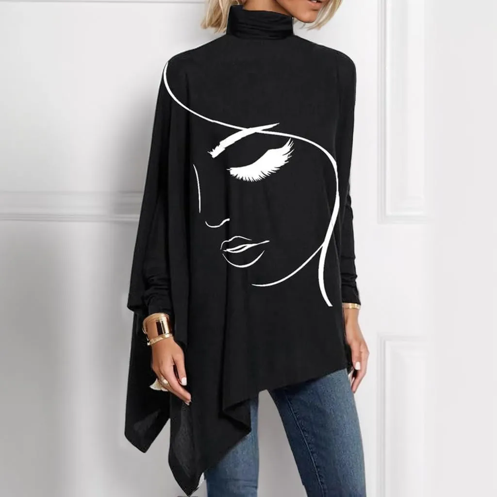 Women's Spring Boho Floral Mock Neck Asymmetrical Hem Long Sleeve Tunic Top Casual Loose Turtleneck Blouse Shirt