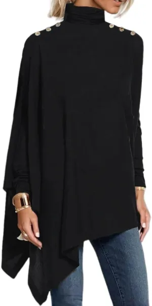 Women's Spring Boho Floral Mock Neck Asymmetrical Hem Long Sleeve Tunic Top Casual Loose Turtleneck Blouse Shirt