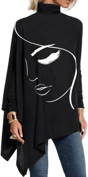 Women's Spring Boho Floral Mock Neck Asymmetrical Hem Long Sleeve Tunic Top Casual Loose Turtleneck Blouse Shirt