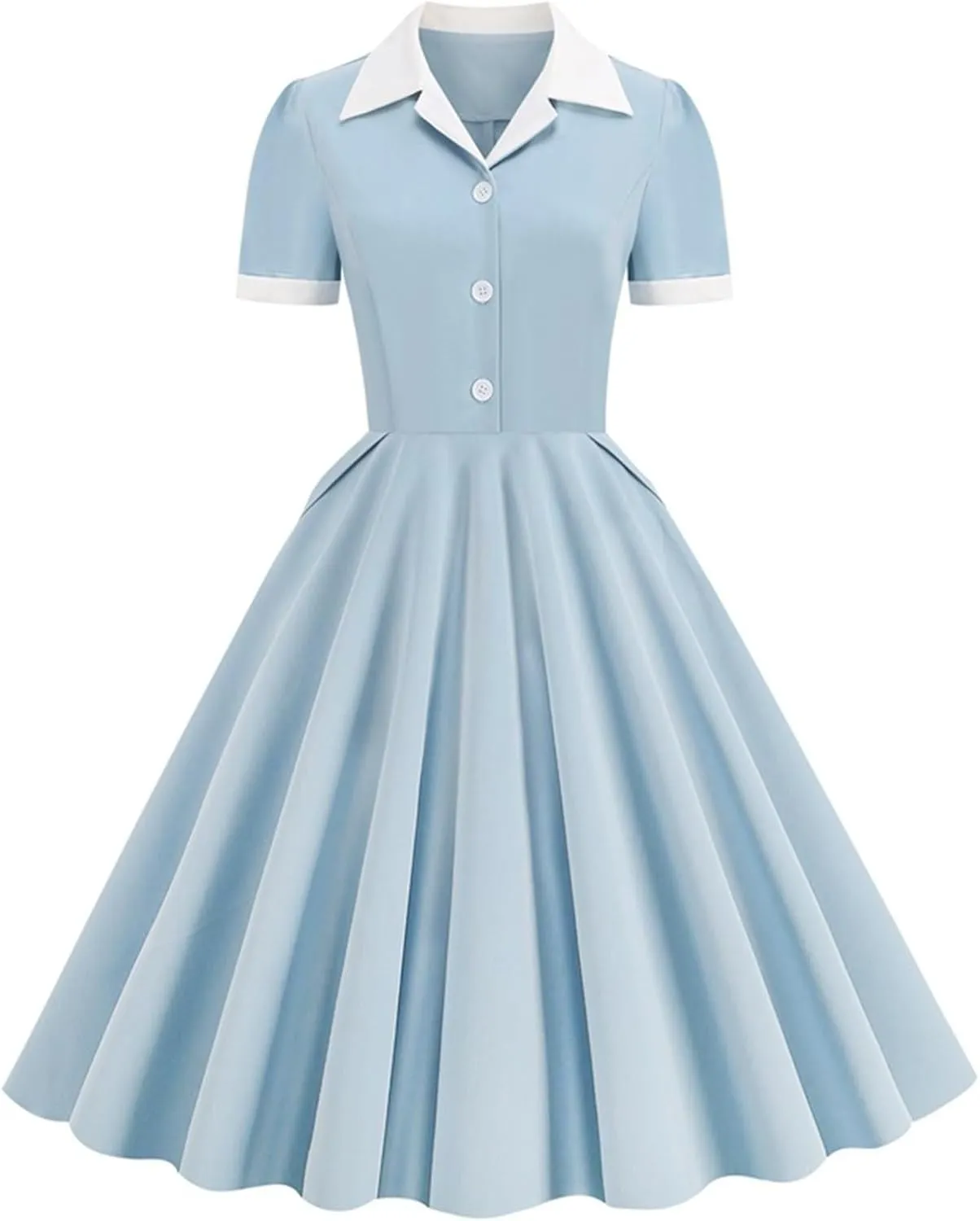Womens Spring Summer Dresses Button V-Neck A-Line Dress Solid Color Fashion Patchwork Swing Pleated Formal Party Dress