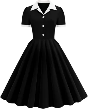 Womens Spring Summer Dresses Button V-Neck A-Line Dress Solid Color Fashion Patchwork Swing Pleated Formal Party Dress