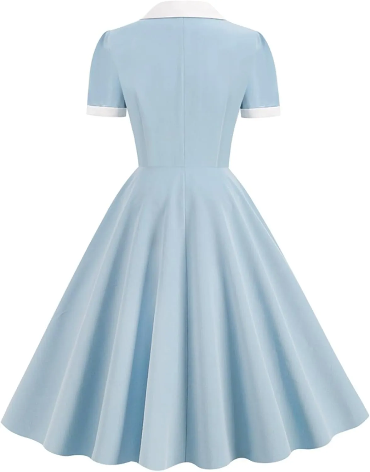 Womens Spring Summer Dresses Button V-Neck A-Line Dress Solid Color Fashion Patchwork Swing Pleated Formal Party Dress