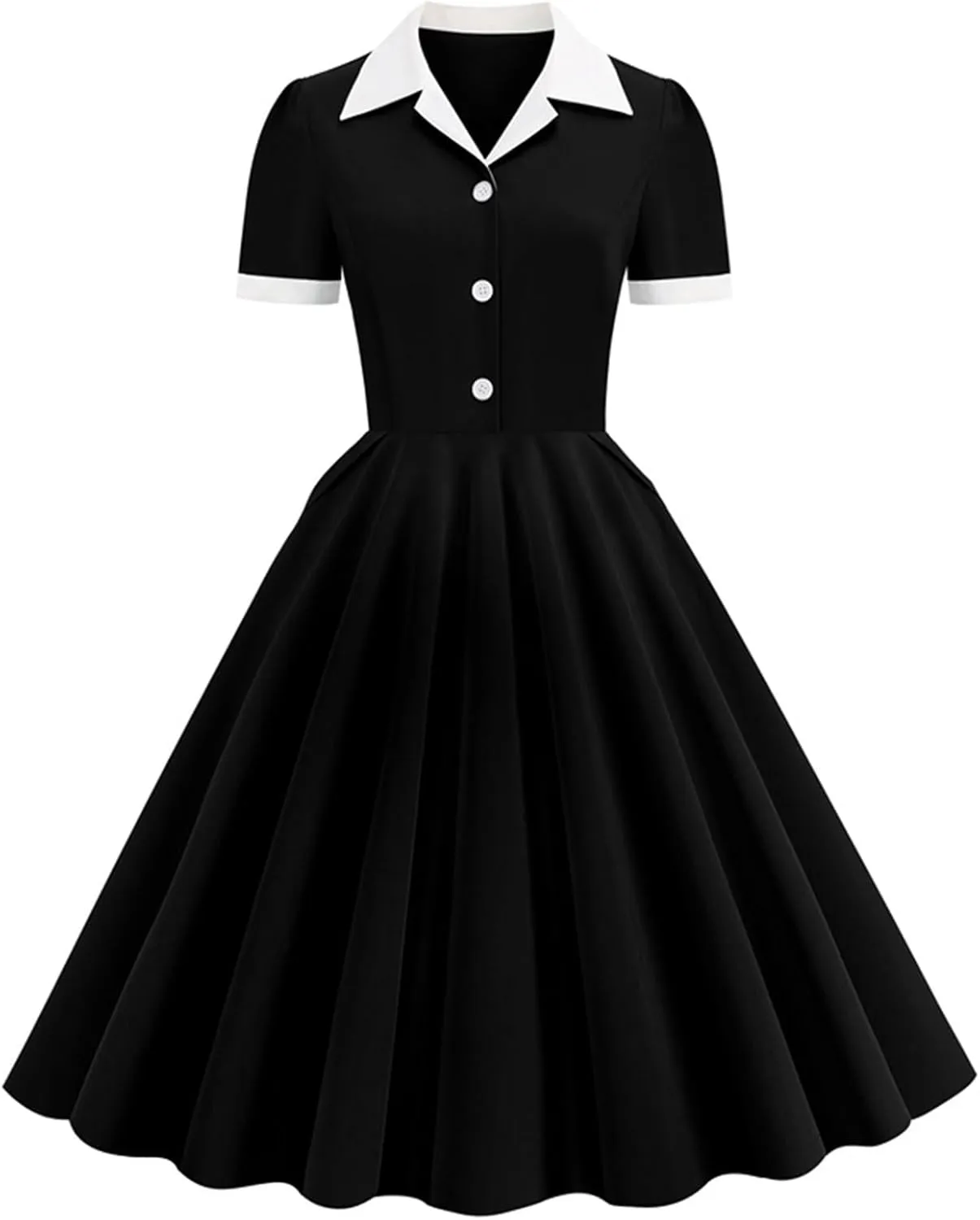 Womens Spring Summer Dresses Button V-Neck A-Line Dress Solid Color Fashion Patchwork Swing Pleated Formal Party Dress