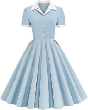 Womens Spring Summer Dresses Button V-Neck A-Line Dress Solid Color Fashion Patchwork Swing Pleated Formal Party Dress