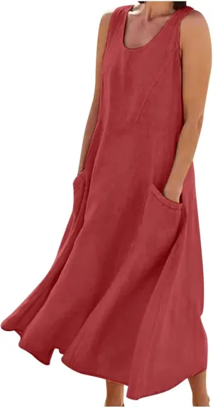Womens Spring Summer Dresses Casual Round Neck Pleated Solid Color Beach Dress Swing Pleated Casual Vacation Dresses