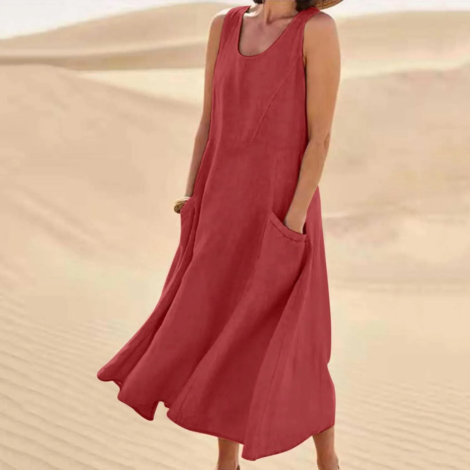 Womens Spring Summer Dresses Casual Round Neck Pleated Solid Color Beach Dress Swing Pleated Casual Vacation Dresses